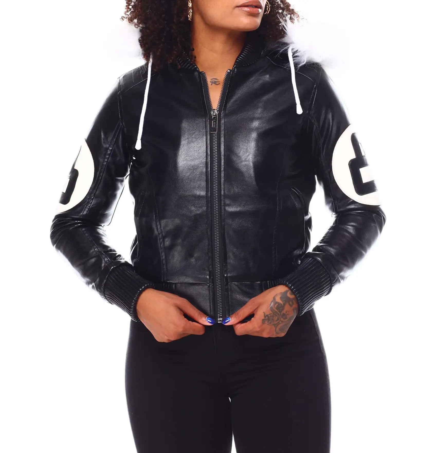 Womens-Black-8-Ball-Bomber-Leather-Jacket