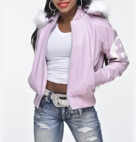 Womens-Pink-8-Ball-Bomber-Leather-Team Jacket 3