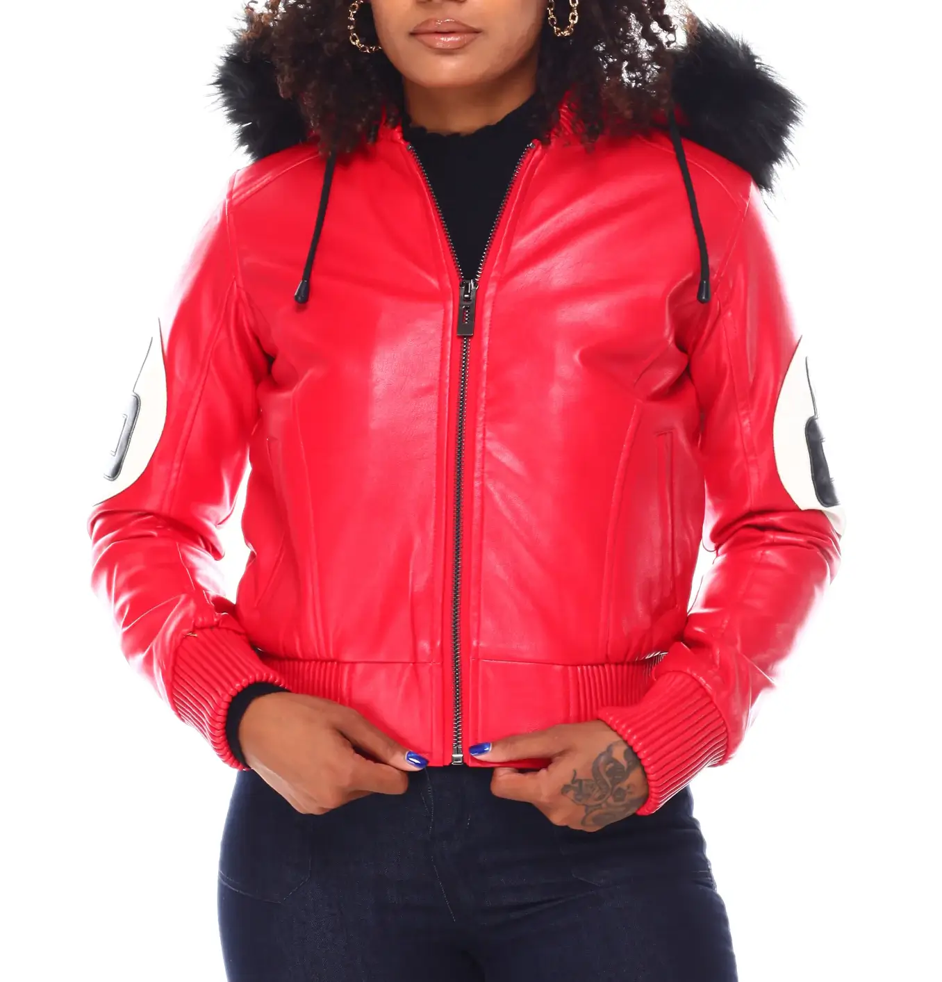 Womens-Red-8-Ball-Bomber-Leather-Team Jacket 2