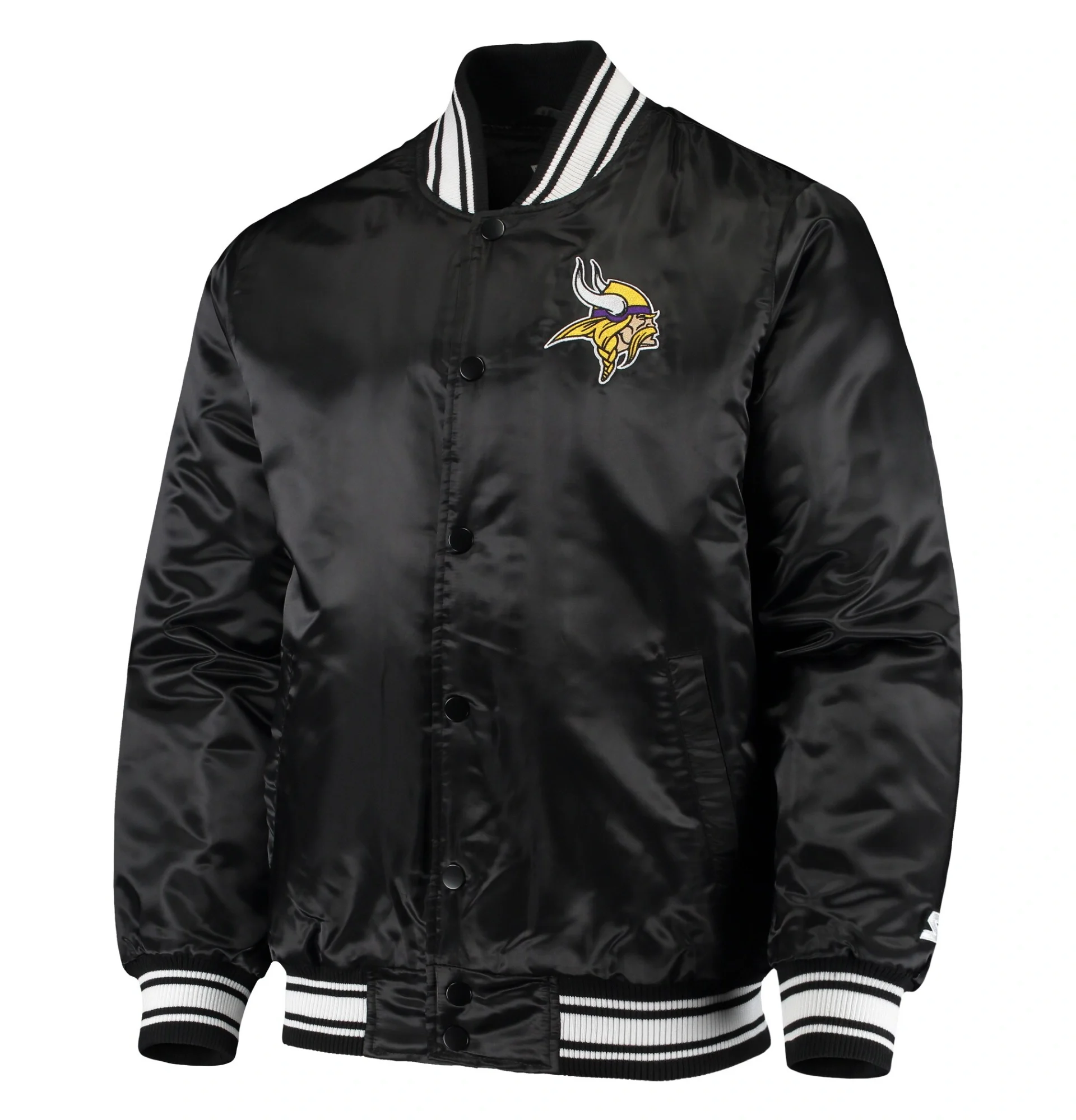 Minnesota-Vikings-Starter-Locker-Room-Satin-Varsity-Full-Snap-Jacket-Black-LeatherMoto