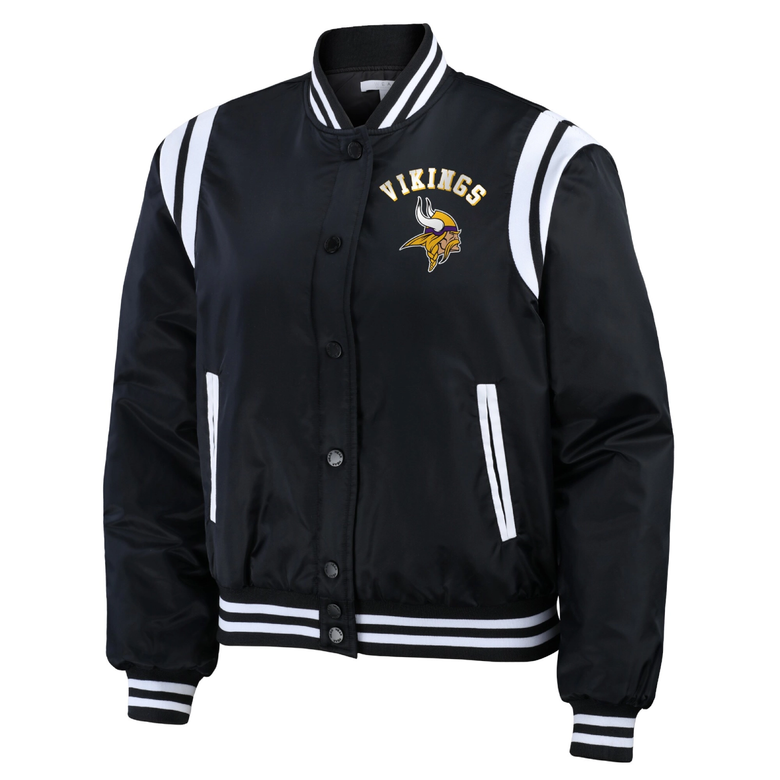 Minnesota-Vikings-WEAR-by-Erin-Andrews-Womens-Bomber-Jacket-Black-LeatherMoto