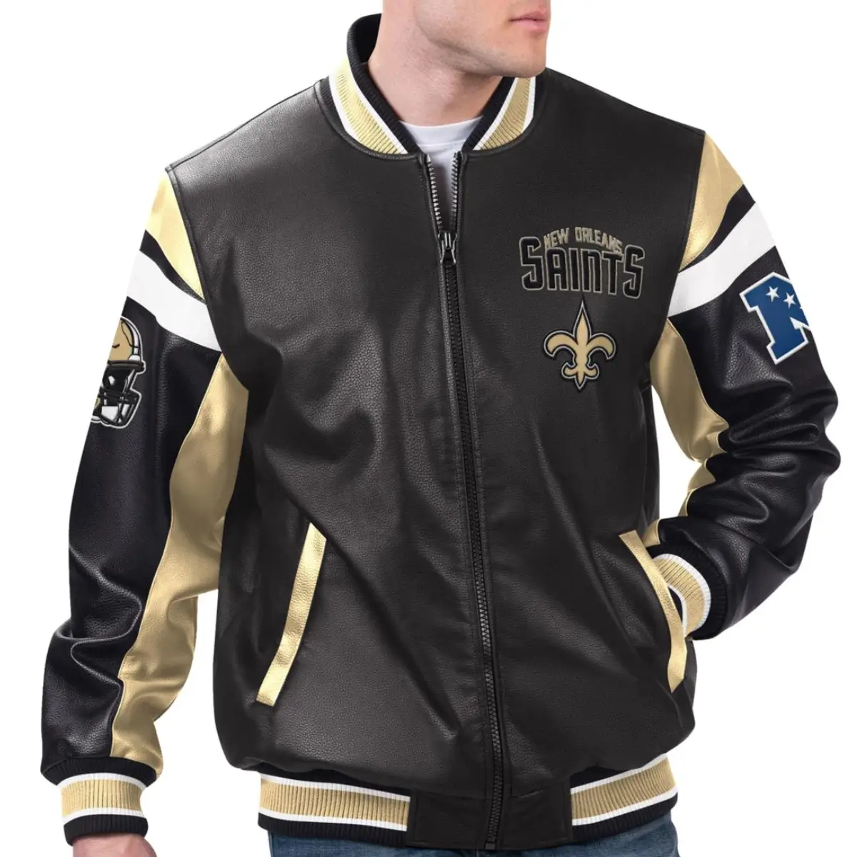 New-Orleans-Saints-Faux-Leather-Varsity-Jacket-LeatherMoto