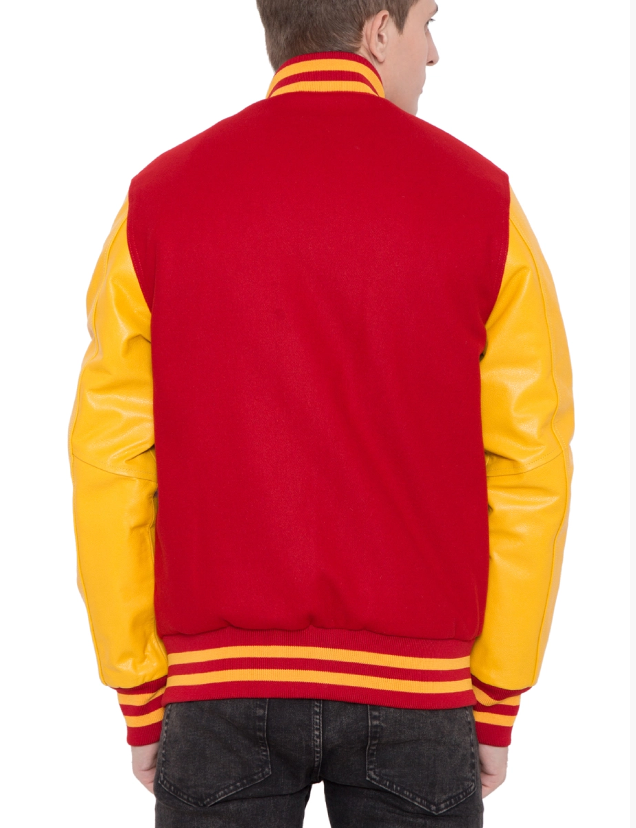 Alternative view of Red Wool Body With Gold Leather Sleeves Varsity Jacket﻿