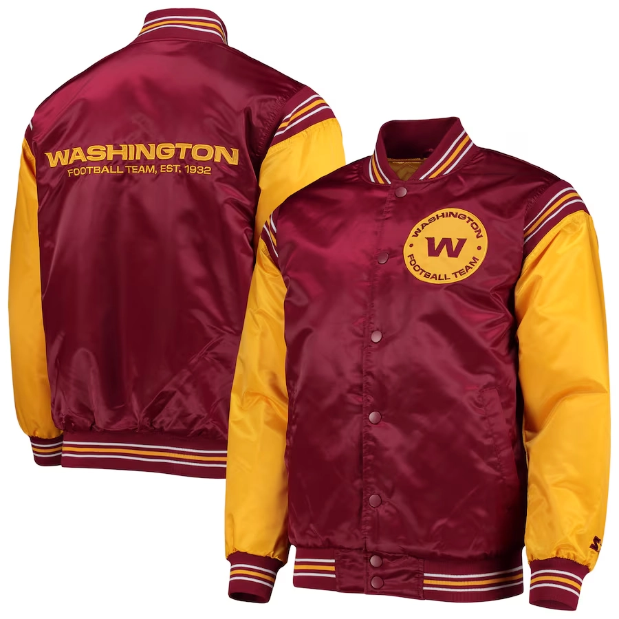 Washington-Commanders-Enforcer-Full-Snap-Satin-Varsity-Jacket-MaroonYellow-LeatherMoto