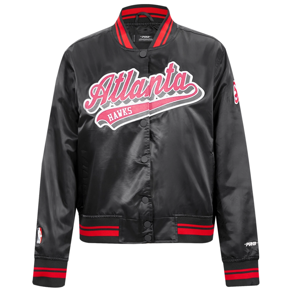 Atlanta-Hawks-Script-Tail-Womens-Ribbed-Knitted-Satin-Varsity-Jacket-Black-1-1