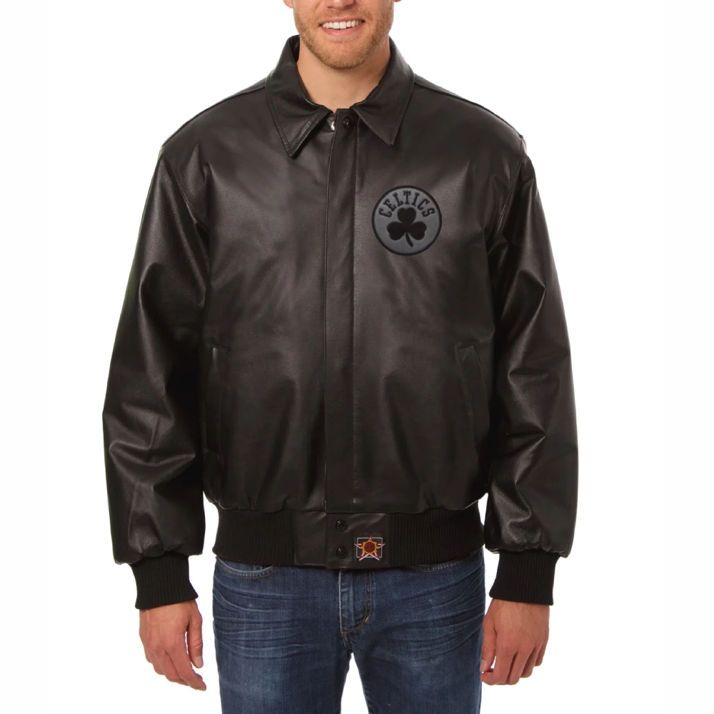 Boston-Celtics-Tonal-Full-Leather-Bomber-Jacket-Black-1