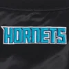 Charlotte-Hornets-Script-Tail-Womens-Full-Snap-Satin-Varsity-Jacket-Black