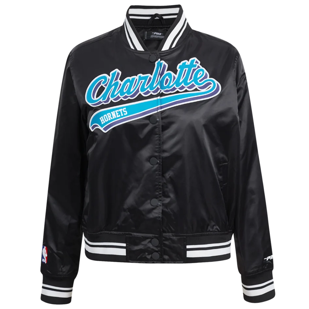 Charlotte-Hornets-Script-Tail-Womens-Full-Snap-Satin-Varsity-Jacket-Black-6