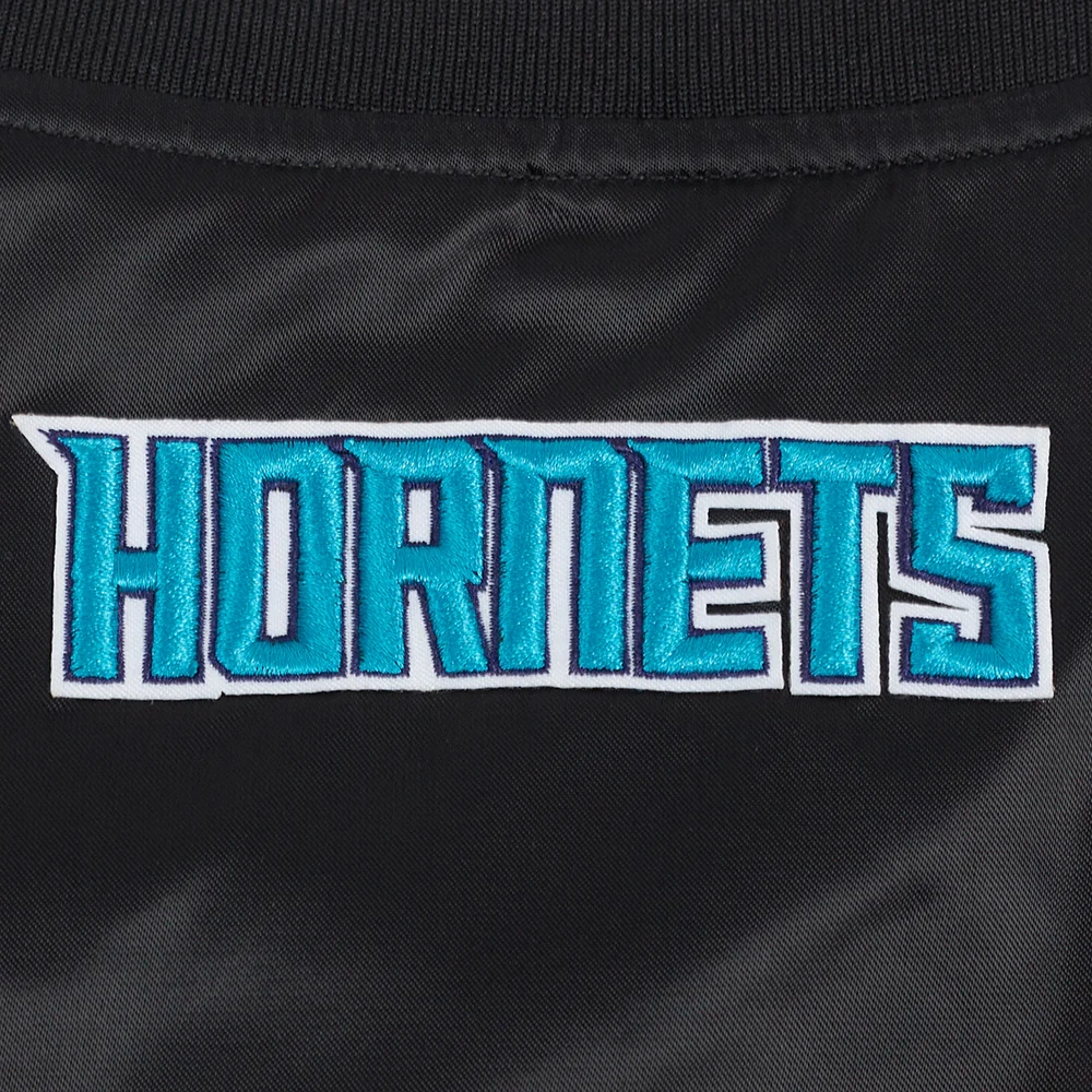 Charlotte-Hornets-Script-Tail-Womens-Full-Snap-Satin-Varsity-Jacket-Black