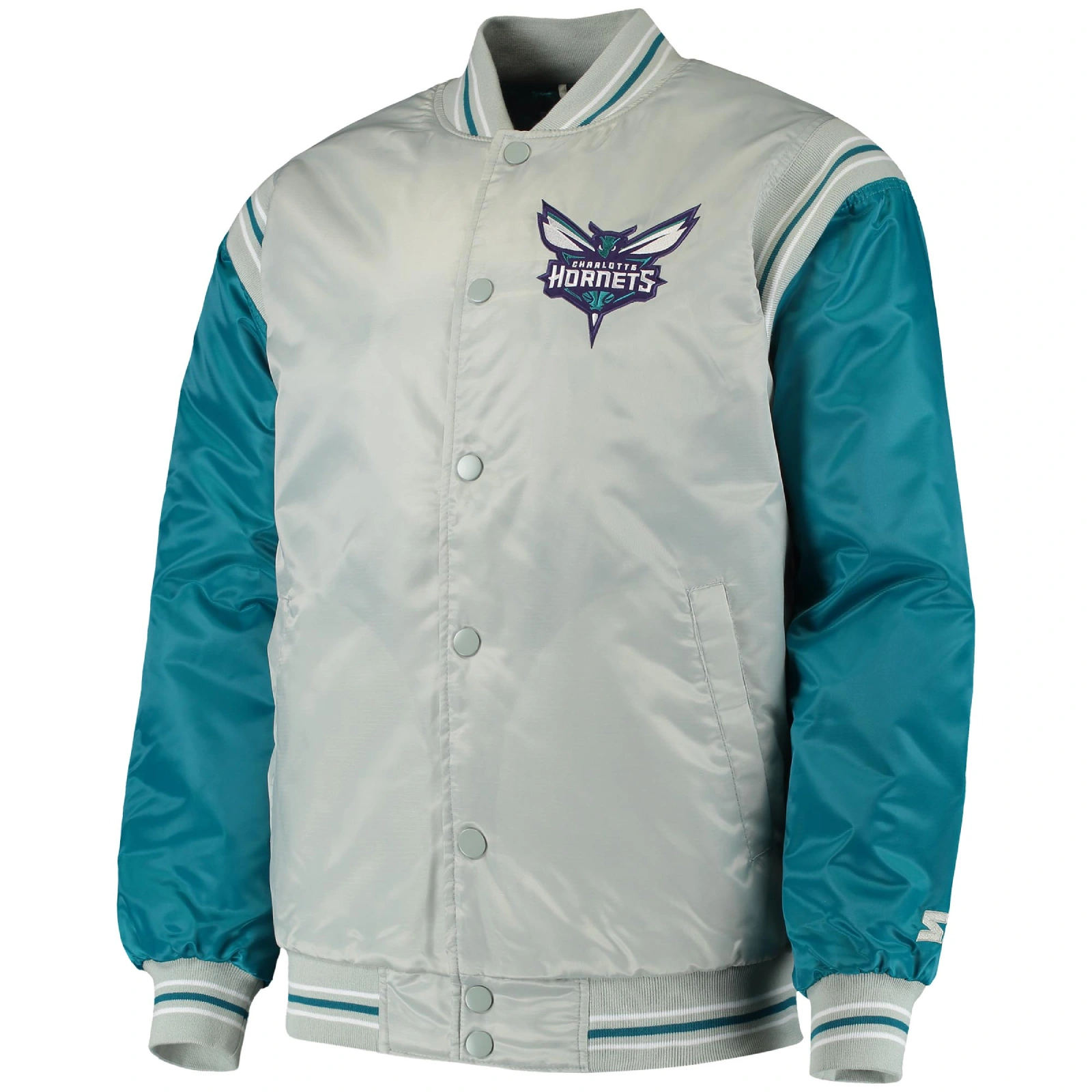 Charlotte Hornets The Enforcer Satin Varsity Gray & Teal Jacket