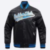 Golden State Warriors Script Tail Black Satin Varsity Jacket - Image 2