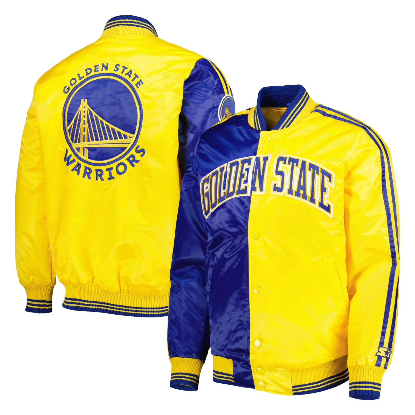 Alternative view of Golden State Warriors Fast Break Blue & Yellow Satin Varsity Jacket