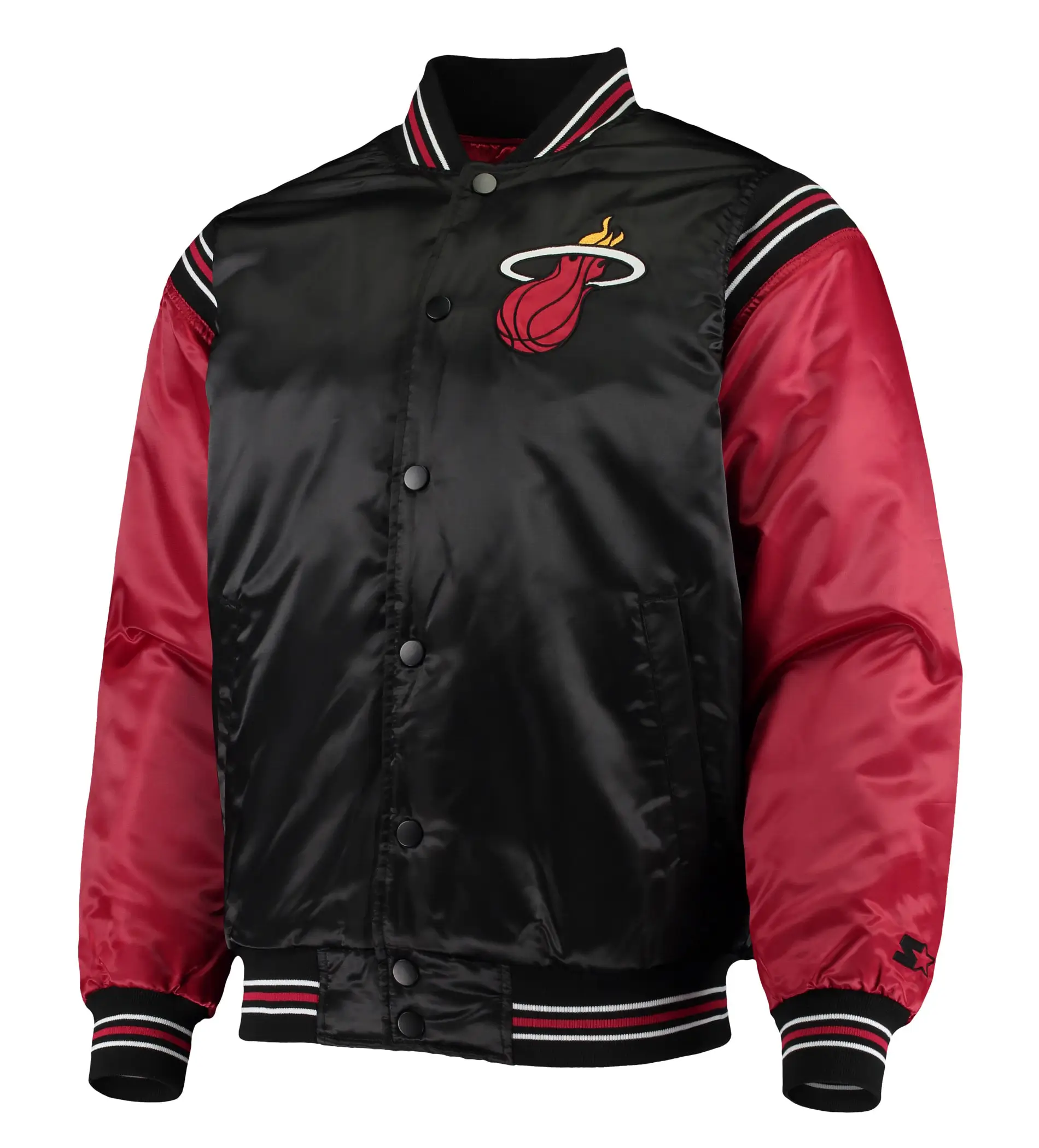 Miami-Heat-Starter-The-Enforcer-Full-Snap-Black-Red-Satin-Varsity-Jacket-1