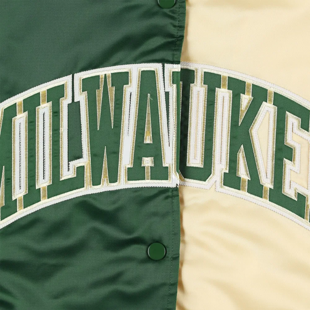 Milwaukee-Bucks-Starter-Hunter-Split-Green-Cream-Color-Block-Satin-Varsity-Jacket-3