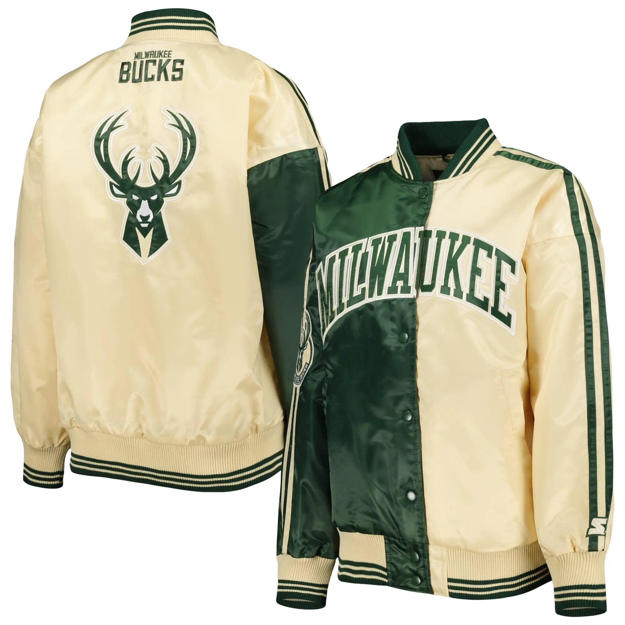 Milwaukee-Bucks-Starter-Hunter-Split-Green-Cream-Color-Block-Satin-Varsity-Jacket-4