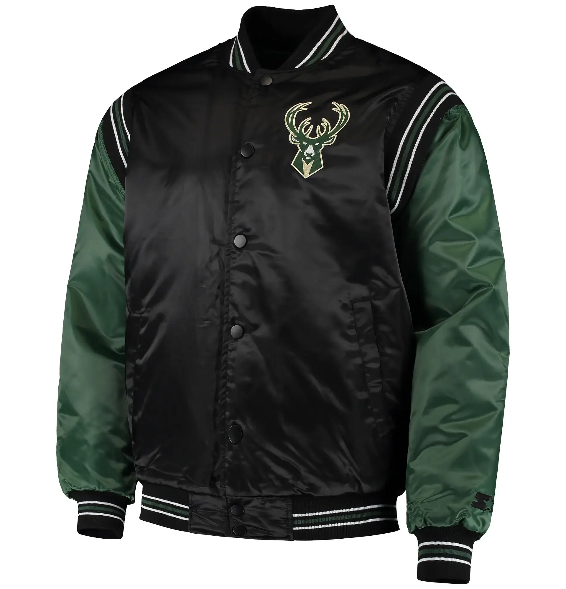 Milwaukee-Bucks-Starter-The-Enforcer-Black-Hunter-Green-Varsity-Satin-Jacket-1