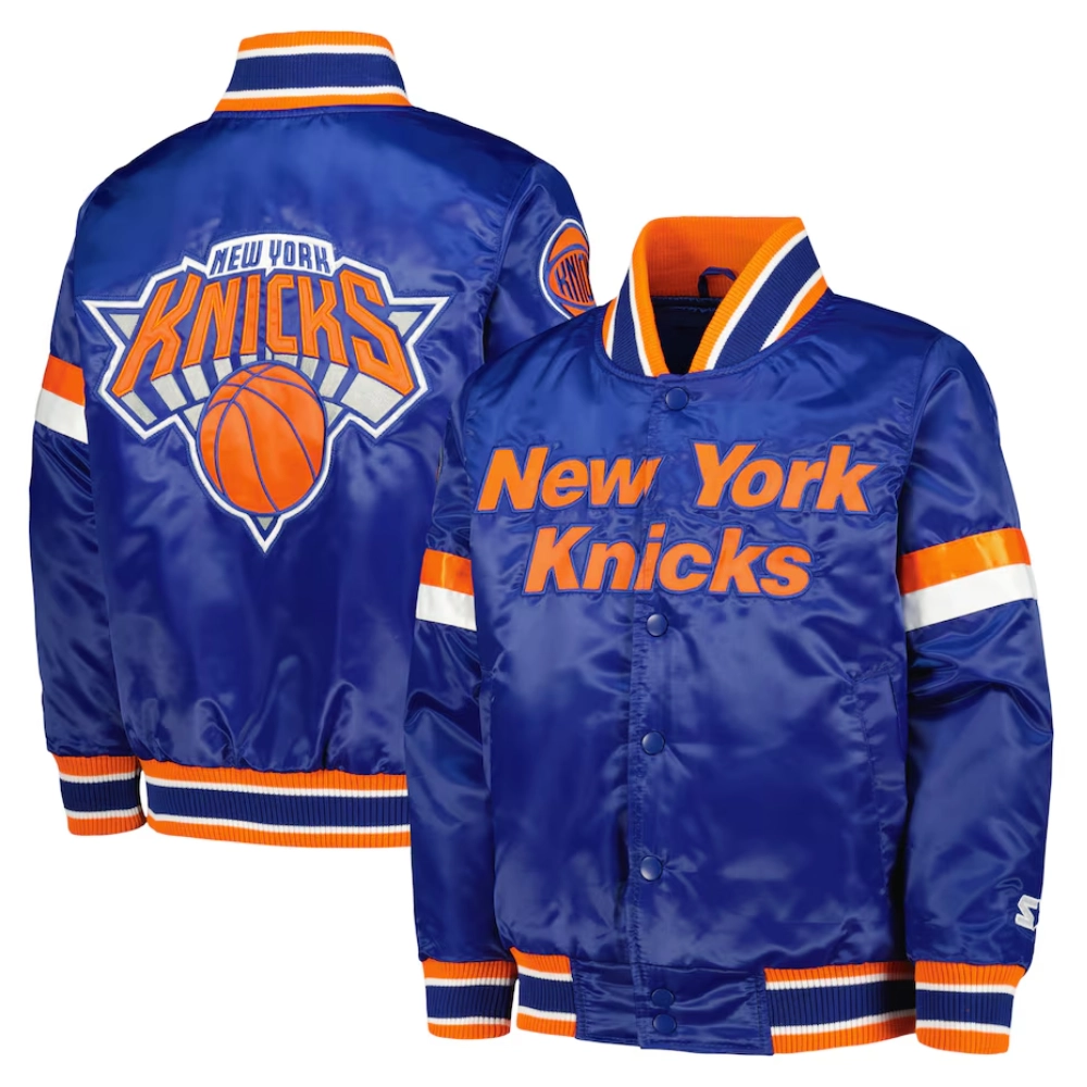 New York Knicks Home Game Blue Satin Varsity Jacket - Image 3