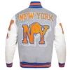 New York Knicks Mashup Grey & White Wool Leather Varsity Jacket - Image 4