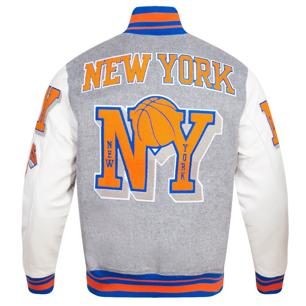 New York Knicks Mashup Grey & White Wool Leather Varsity Jacket - Image 4