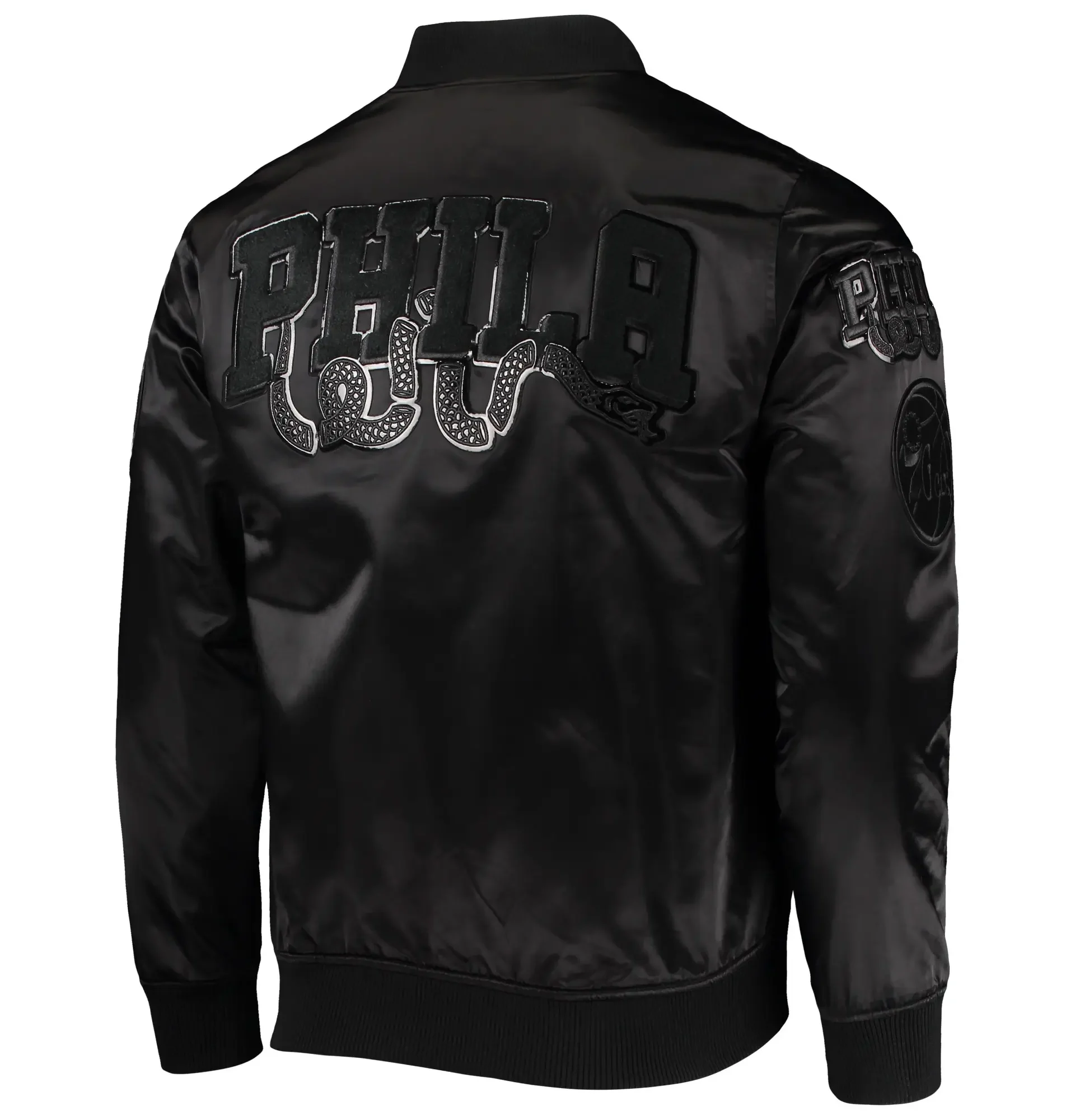 Philadelphia-76ers-Pro-Standard-Triple-Black-Satin-Varsity-Jacket-3-1
